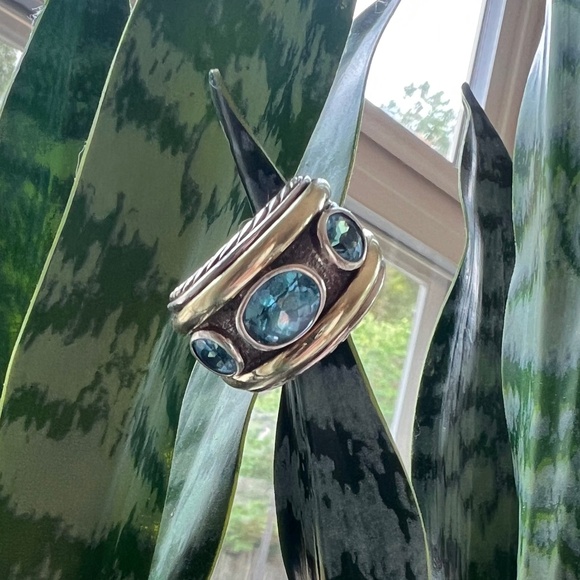 DAVID YURMAN  Sterling Silver 14K Yellow Gold Blue Topaz Renaissance Ring - Picture 1 of 10